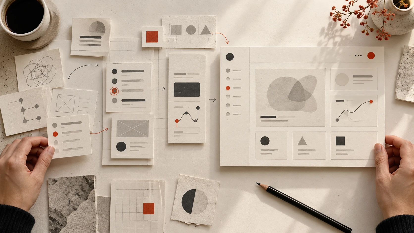 Paper interface sketches and red annotations arranged into a finished product design.