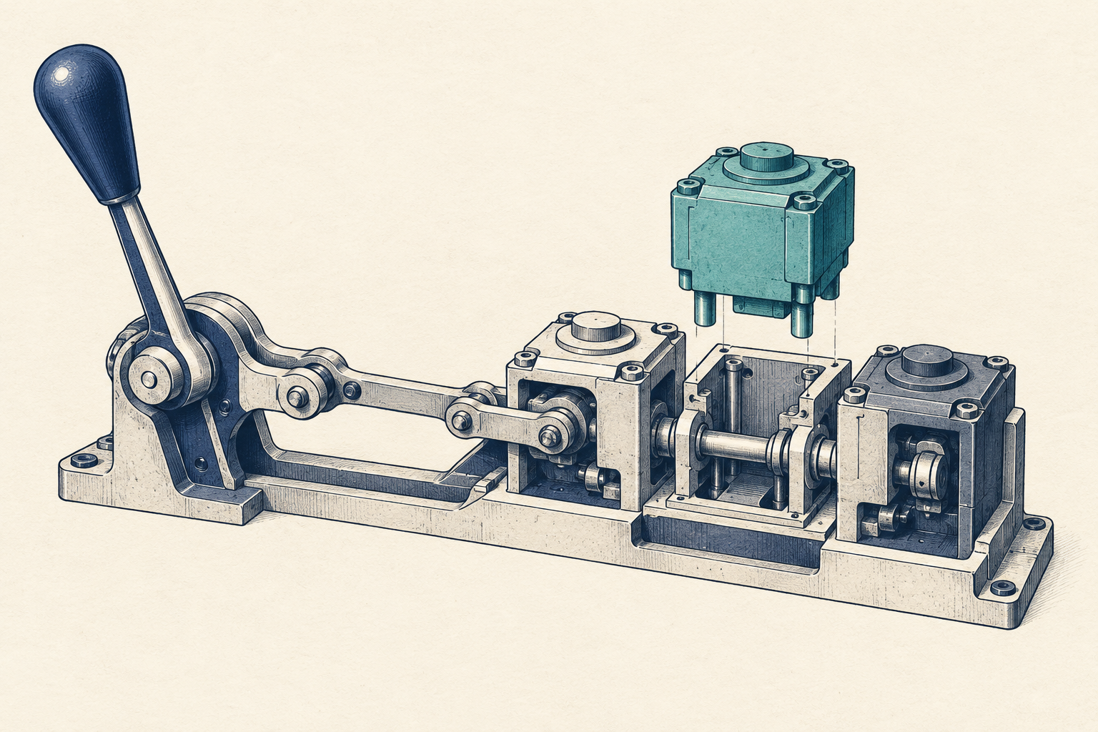A navy control lever connects a modular mechanism while a teal component lifts above an open socket.
