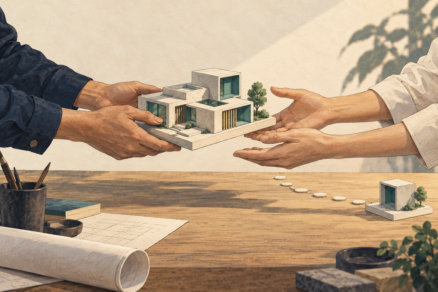 Two pairs of hands pass an architectural product model above a workbench with stepping stones toward a new module.