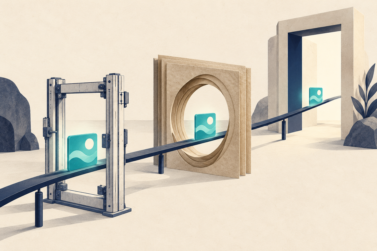 Teal creative tiles travel through three distinct inspection gates along a navy rail.