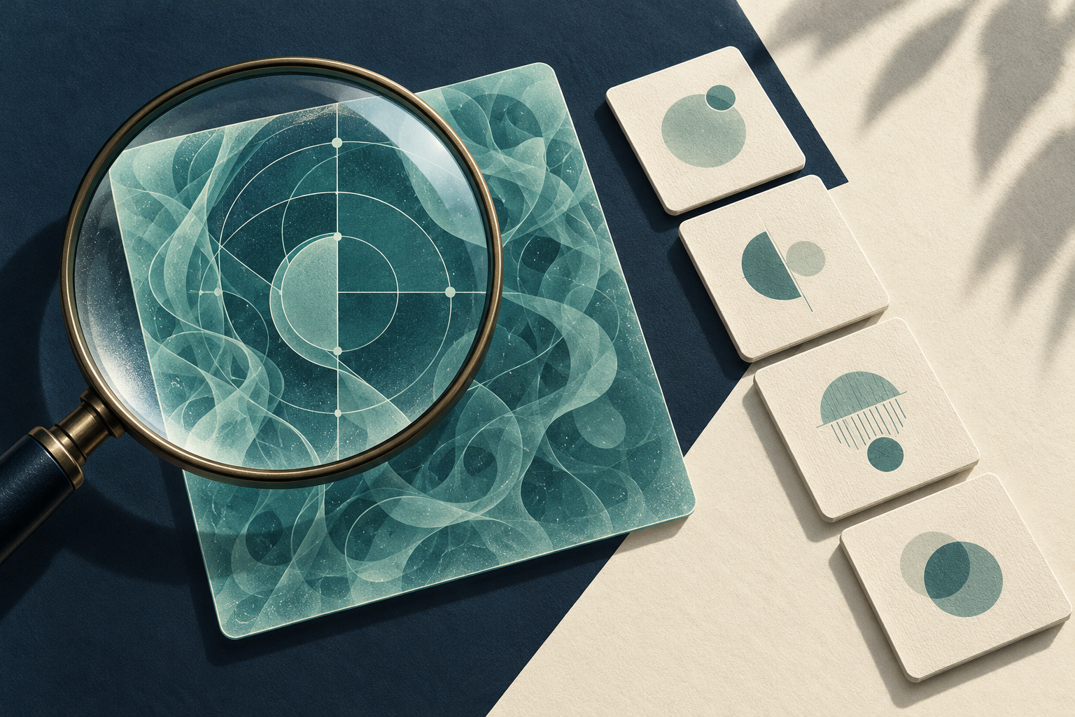 A magnifying lens reveals geometric structure in a translucent teal card beside four ordered decision cards.