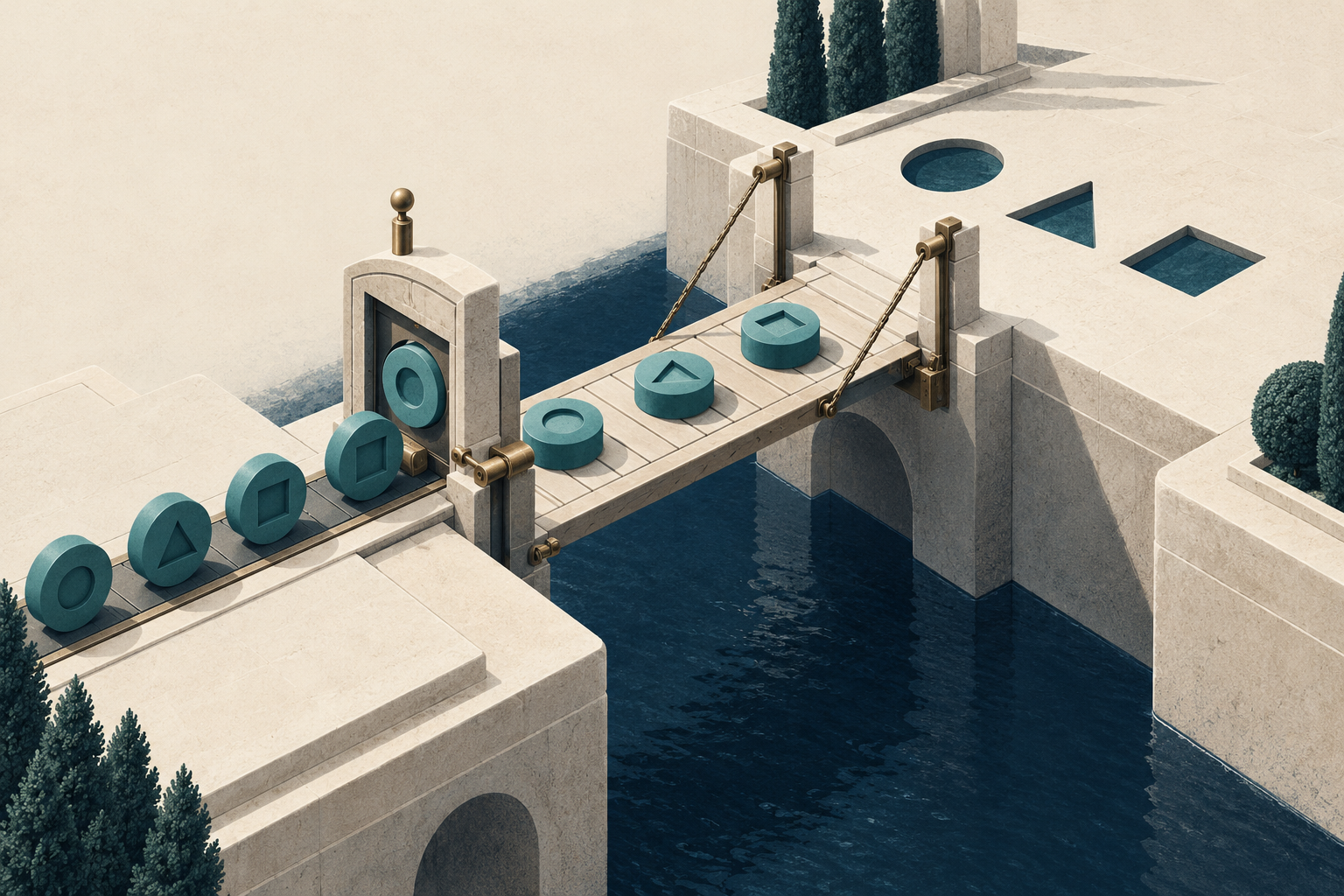 Teal tokens cross a small drawbridge toward matching geometric openings on an ivory platform.