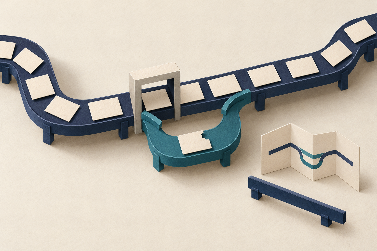 Invoice cards travel along a navy workflow with a teal exception loop and a folded instruction sheet.