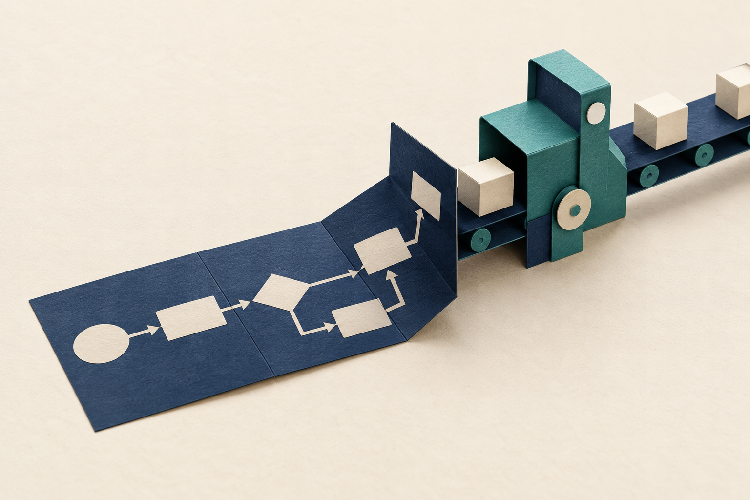 A flat paper flowchart folds upward into a working conveyor of ivory blocks and teal machinery.