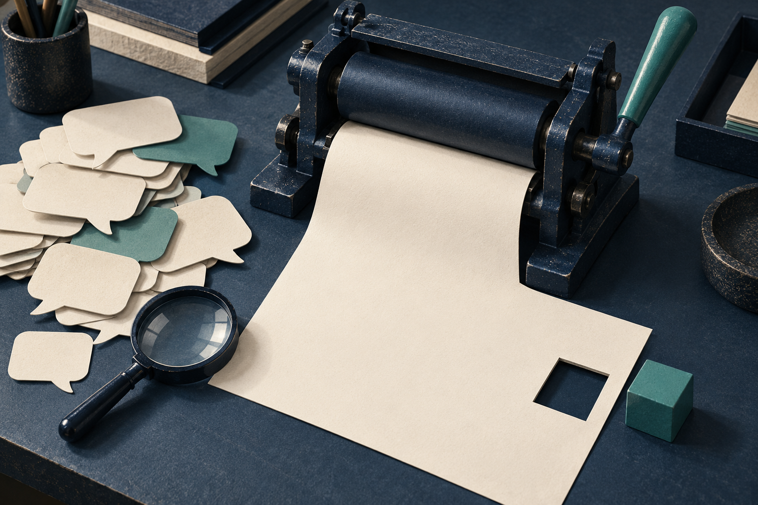 Blank conversation cards and a magnifying glass sit beside a press producing a blank page with a square opening and matching teal block.