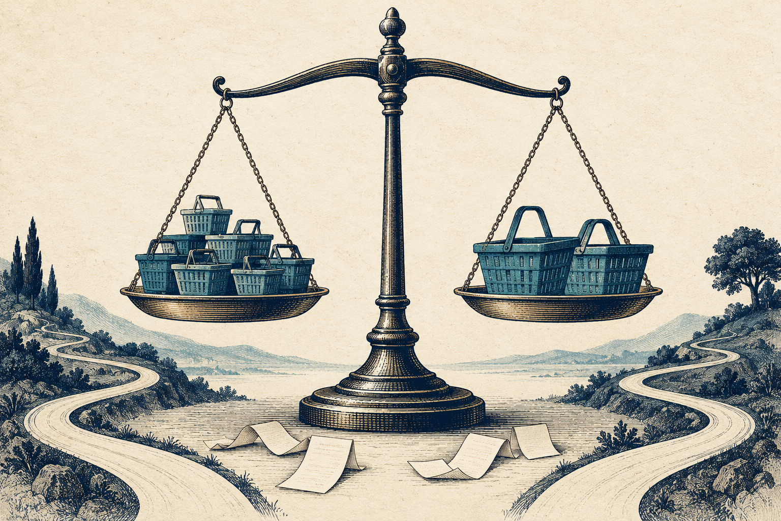 A balance scale compares many small shopping baskets with two larger baskets above receipts and winding paths.