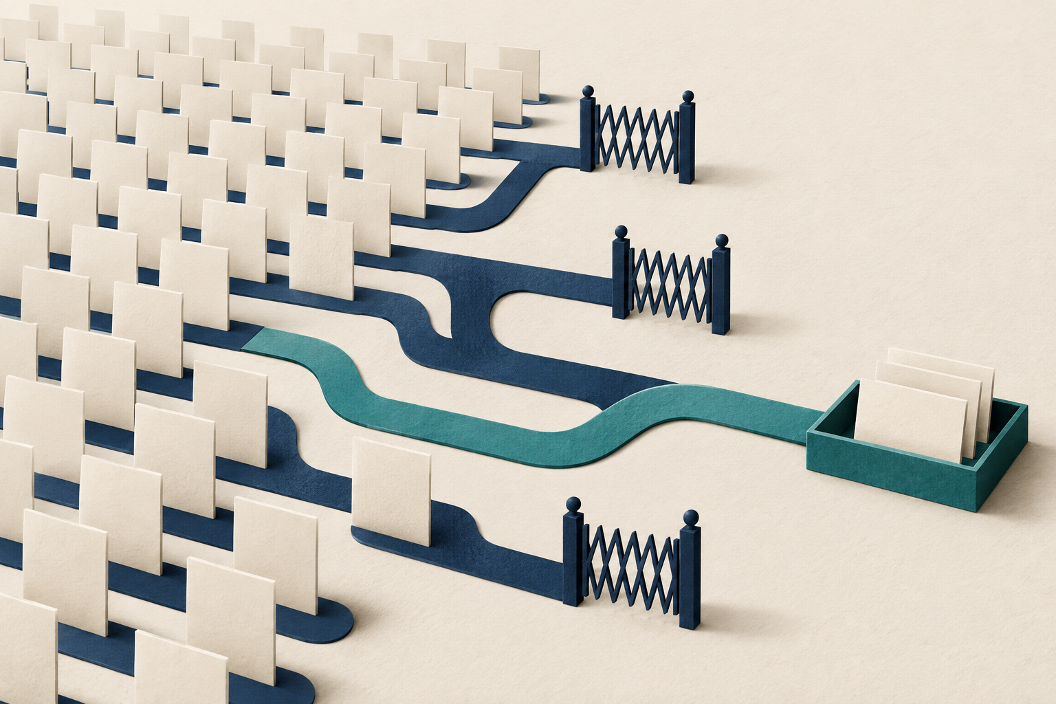 Blank candidate cards connect to gated navy paths and an open teal route to a shortlist tray.
