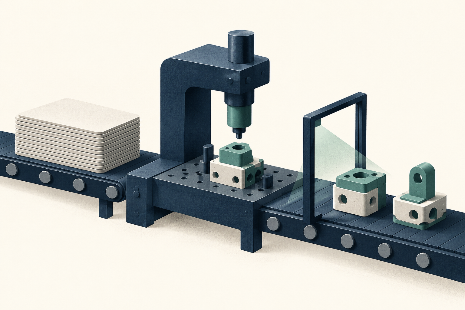 Blank experiment cards move through a navy assembly bench into two checked modular components.