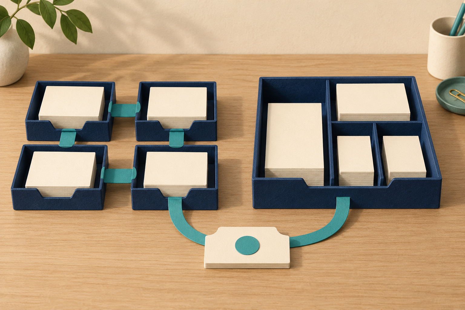 Separate paper work trays and one compartmented tray connect to an approval card.