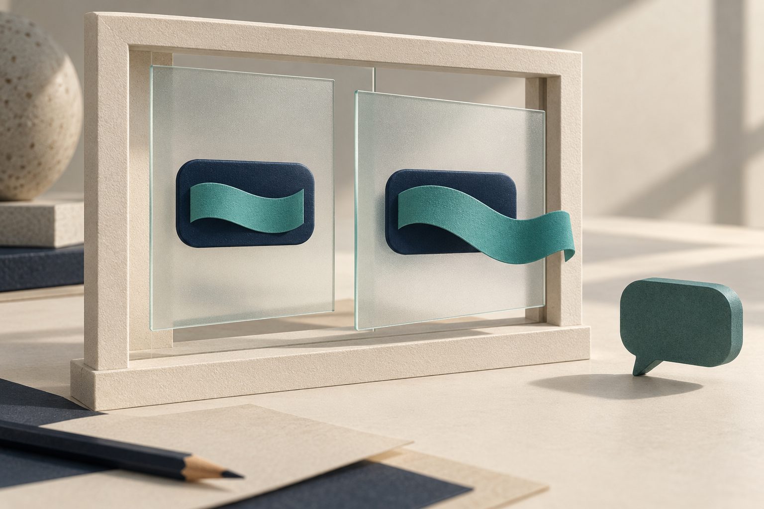 Two glass panes hold navy button shapes, with a teal ribbon fitting one and overflowing the other.