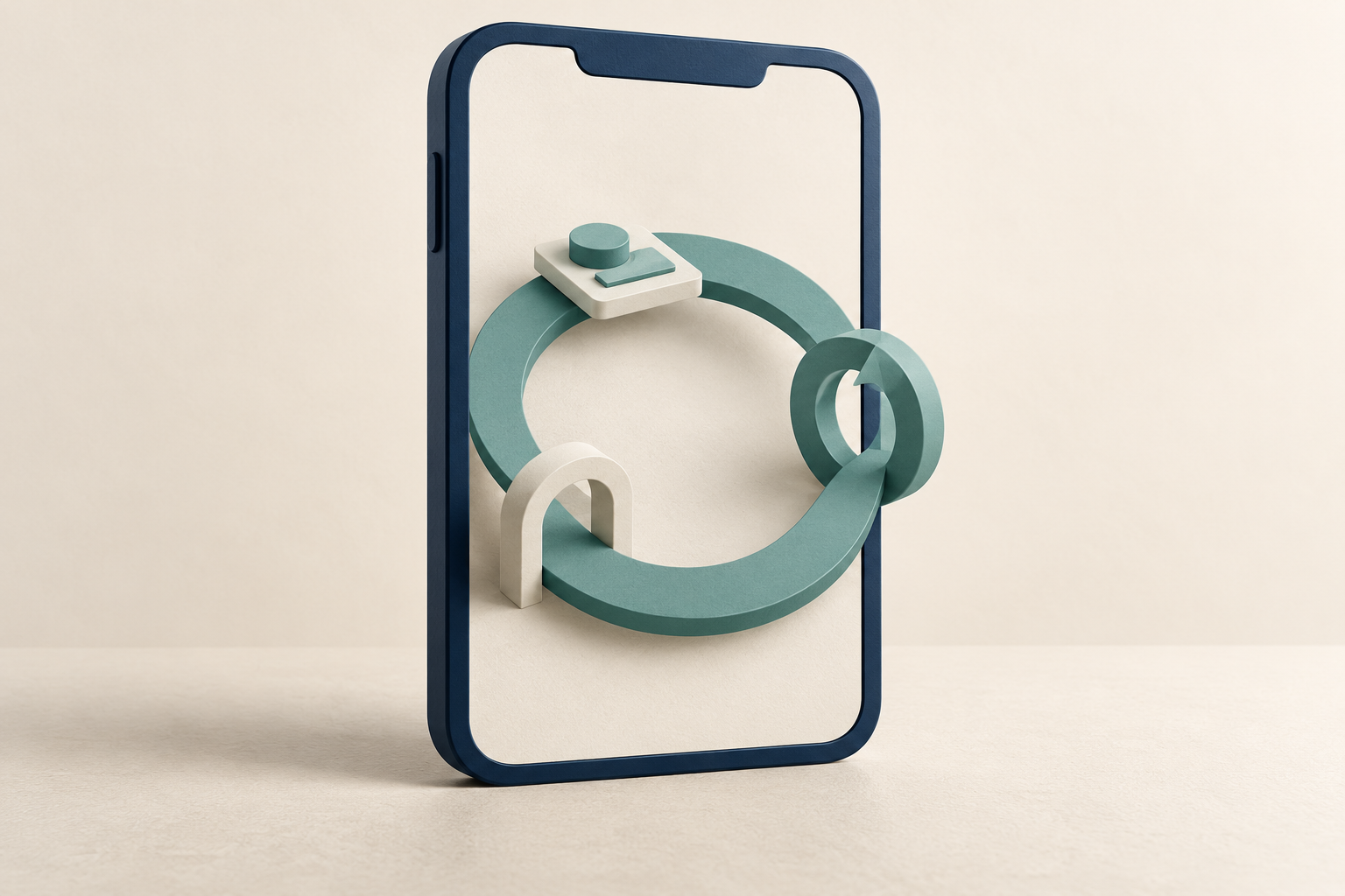 A teal activity loop passes through an entry gate and renewal ring inside a navy phone frame.