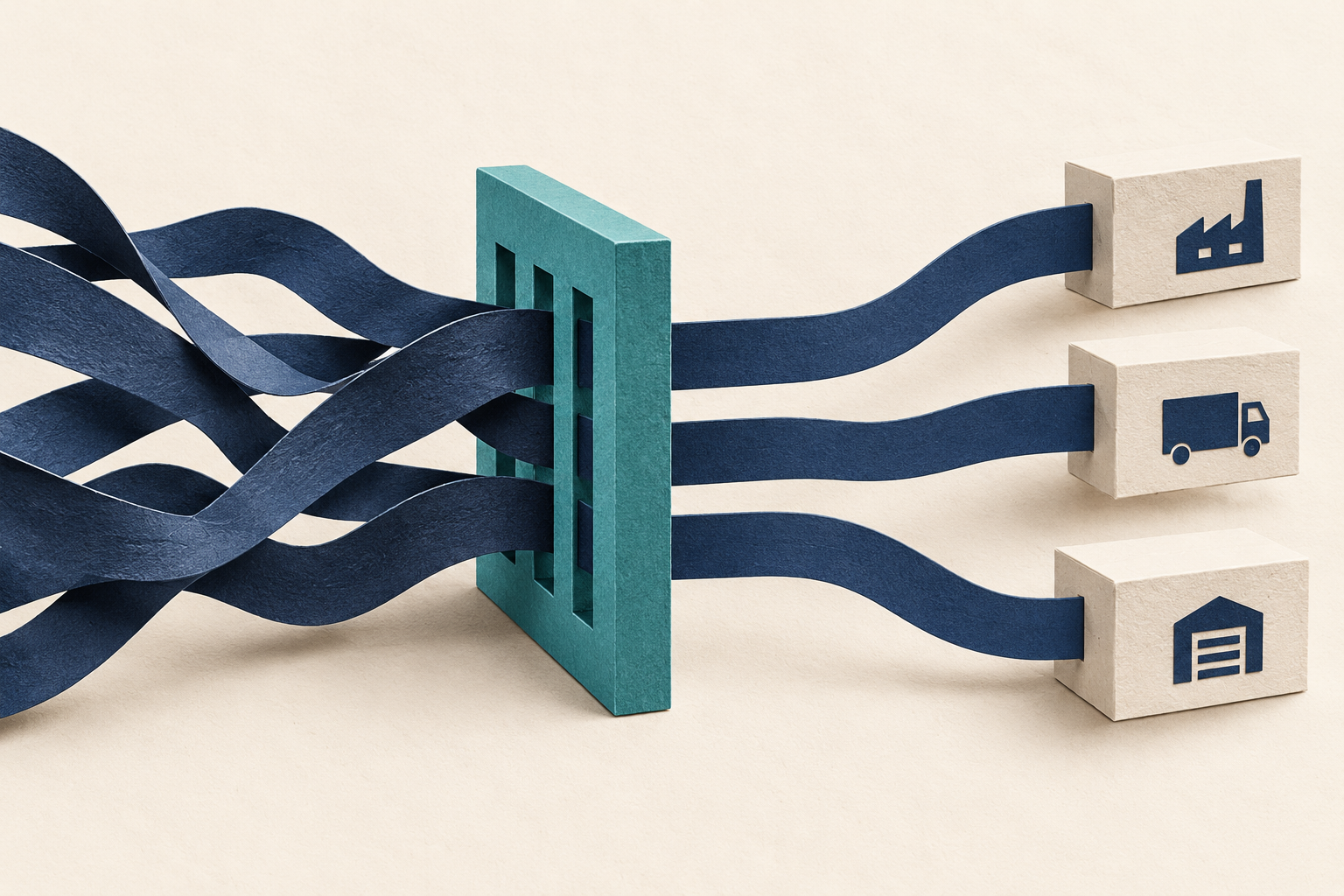 Navy paper ribbons pass through a teal sorting frame into three ivory supplier blocks.