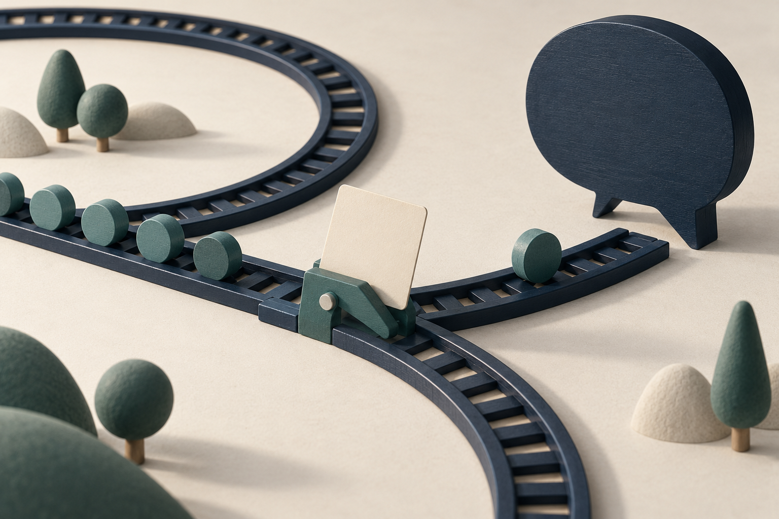 A blank card operates a railway switch that diverts one teal token toward a navy speech bubble.