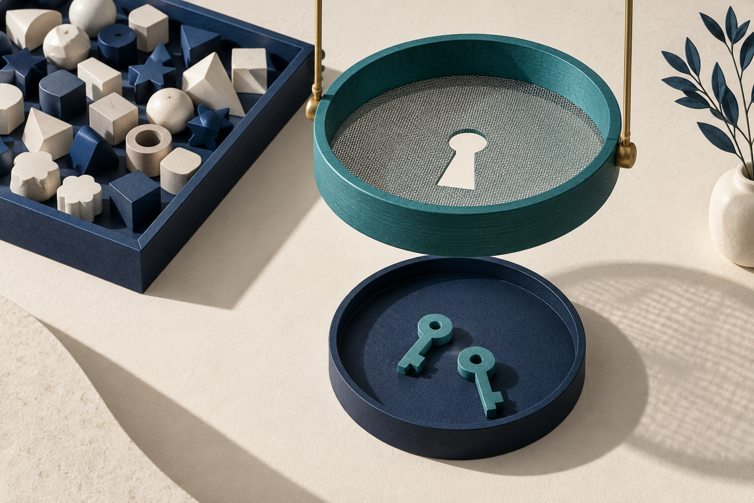 A suspended teal sieve with a keyhole opening sits above two selected keys, beside a tray of assorted shapes.